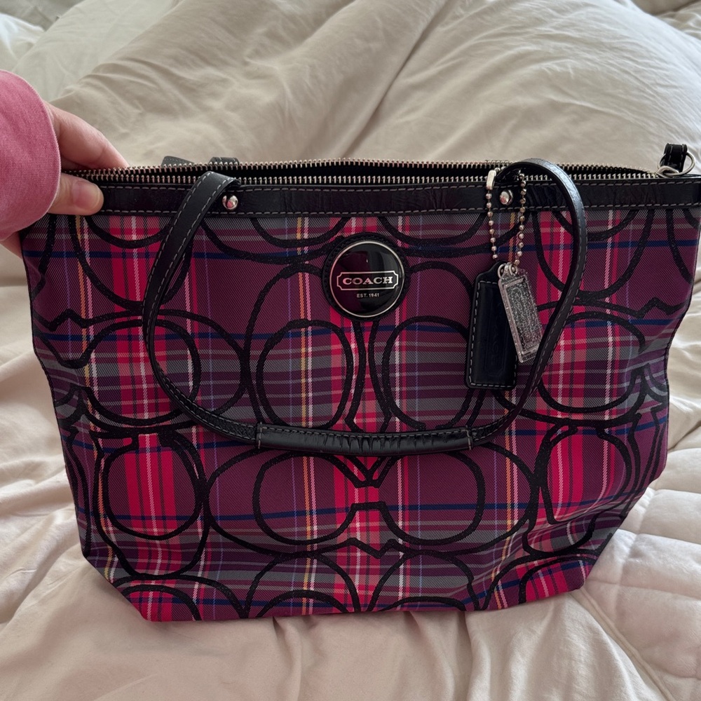 Coach Vibrant Pink and Black Plaid Tote